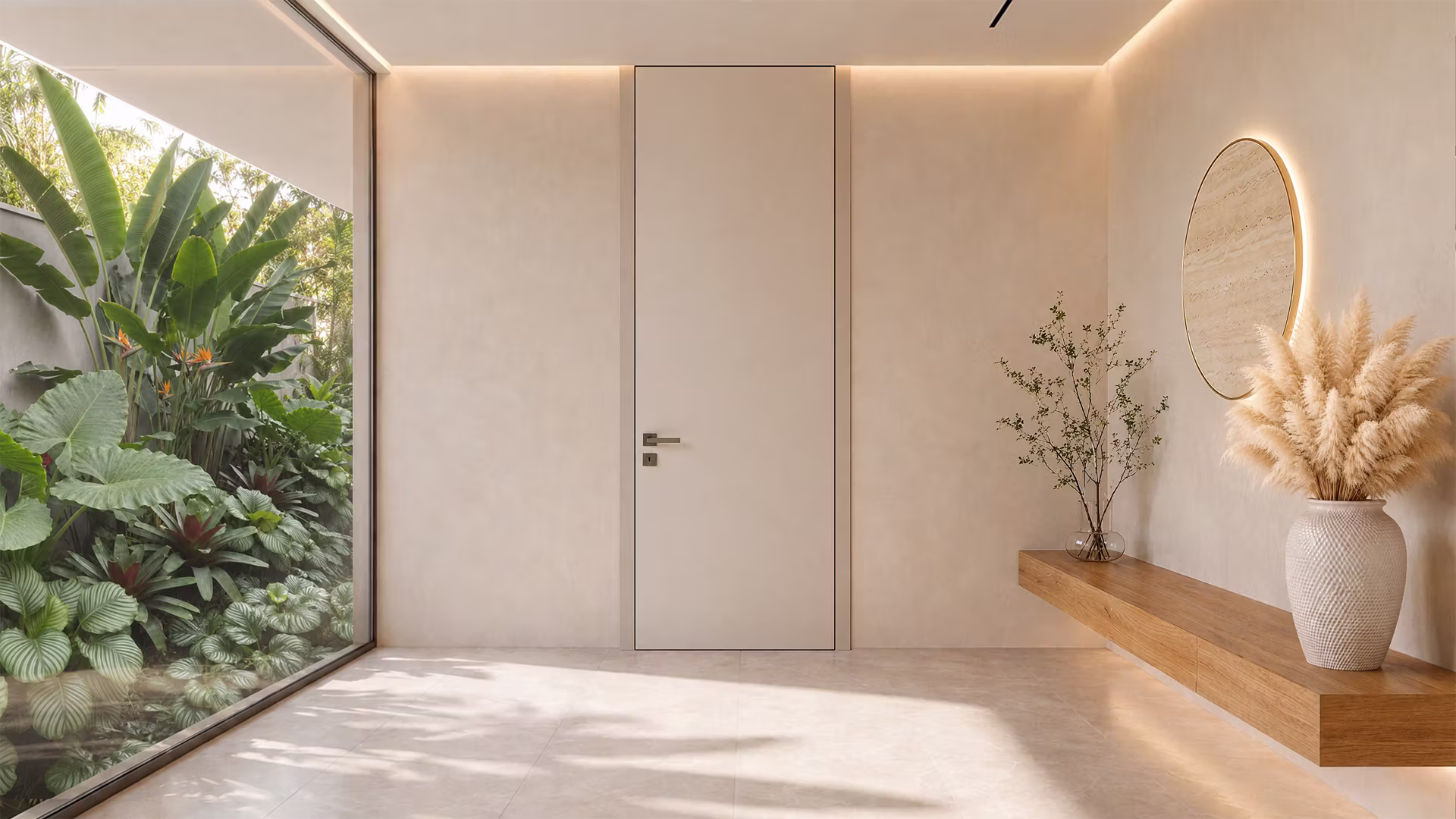 Porta Rohden piso-teto em hall contemporâneo com jardim de inverno.